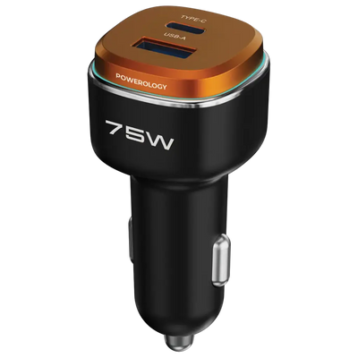 Powerology 75W USB A+C Port Car Charger With C to L Cable